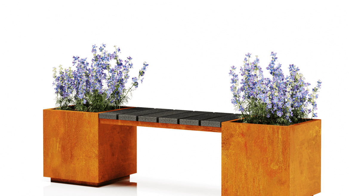 Viihtyisä kokoonpano ”Boston” – neliömäiset Corten-ruukut ja penkki yhdessä